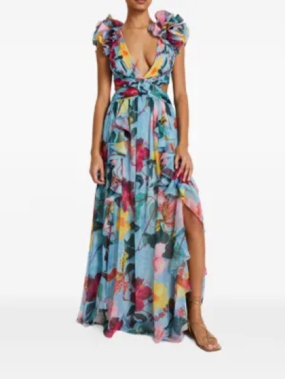 PatBO Light Blue Floral Ruffle Maxi Dress